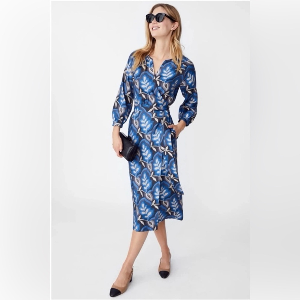 J. McLaughlin Silk Wrap Midi Dress Small Seville Blue and Cream Office Pockets